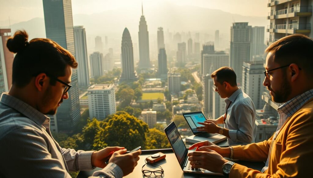 A bustling carbon market in the year 2025, set against a backdrop of a vibrant Latin American city. In the foreground, brokers negotiate deals on digital trading platforms, their laptops and smartphones aglow. Towering skyscrapers and lush green spaces occupy the middle ground, symbolizing the balance between economic progress and environmental sustainability. Warm, golden sunlight filters through the hazy atmosphere, casting a hopeful glow over the scene. The overall mood is one of energy, innovation, and a shared commitment to addressing the climate crisis through market-based solutions. Mercado de carbono em 2025 com negociações digitais em cidade latino-americana