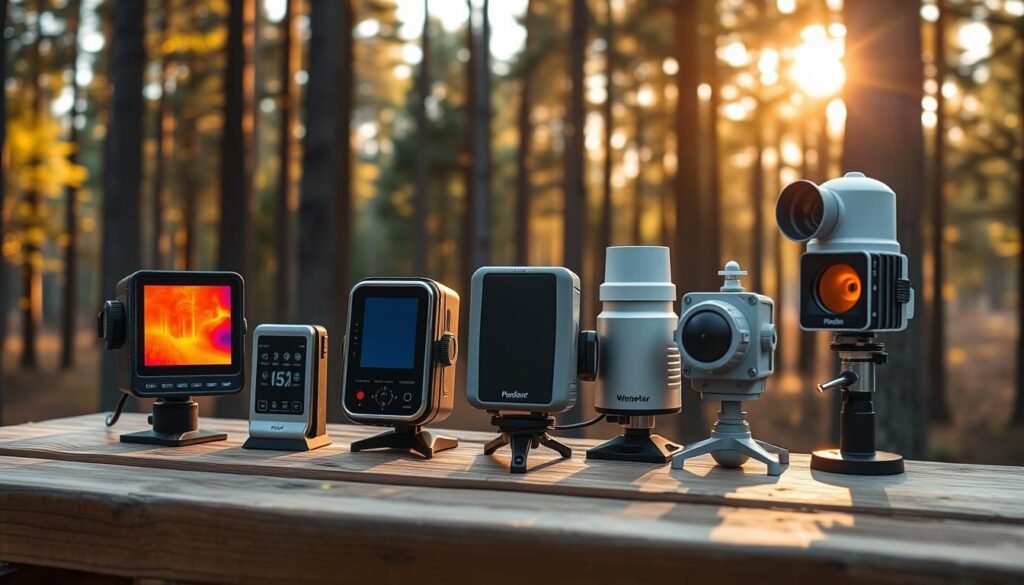 A group of forest monitoring sensors arranged on a wooden table, illuminated by warm, natural daylight filtering through tall pine trees in the background. The sensors include a thermal camera, a multispectral imager, an acoustic detector, and an anemometer, each with sleek, high-tech designs. The setup conveys a sense of advanced technological solutions seamlessly integrated with the natural environment, ready to provide comprehensive data for forest conservation and management. Sensores de monitoramento florestal posicionados para medir temperatura, vento, som e espectros de luz, apoiando a gestão e conservação ambiental.