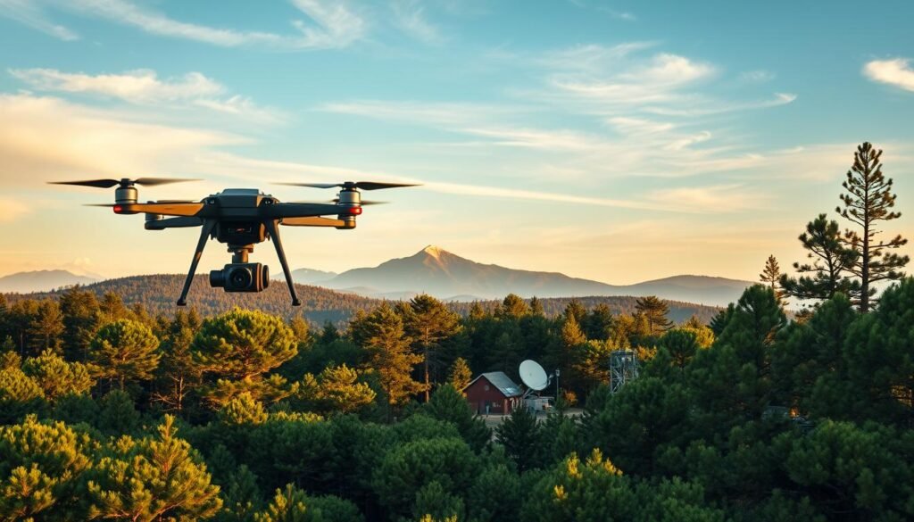 A high-resolution aerial landscape depicting remote sensing technologies in the forestry sector. In the foreground, a detailed drone with multiple sensors hovers above a lush, verdant forest canopy. In the middle ground, a satellite dish and data processing station stand amidst a clearing, surrounded by towering pine trees. The background features a mountainous horizon bathed in warm, golden sunlight, with wispy clouds drifting across the sky. The scene conveys a sense of advanced, cutting-edge remote monitoring capabilities harmoniously integrated with the natural environment.