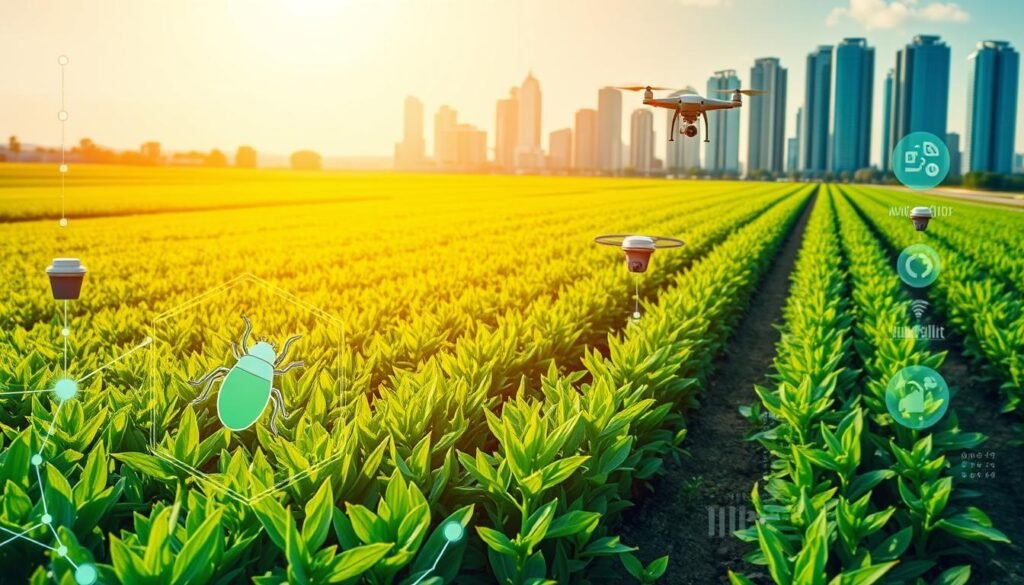 A high-tech agricultural monitoring system, with a sleek, modern interface displaying real-time data on crop health and pest activity. In the foreground, a stylized icon of an insect pest is highlighted, surrounded by a network of sensors and cameras. The middle ground features a lush, verdant field, with precision-guided sprayers and drones taking automated action against the detected threat. The background showcases a cityscape of towering skyscrapers, symbolizing the integration of cutting-edge AI and IoT technologies into the future of sustainable farming. Vibrant colors, clean lines, and a sense of technological empowerment permeate the scene, capturing the transformative power of AI in modern agriculture.