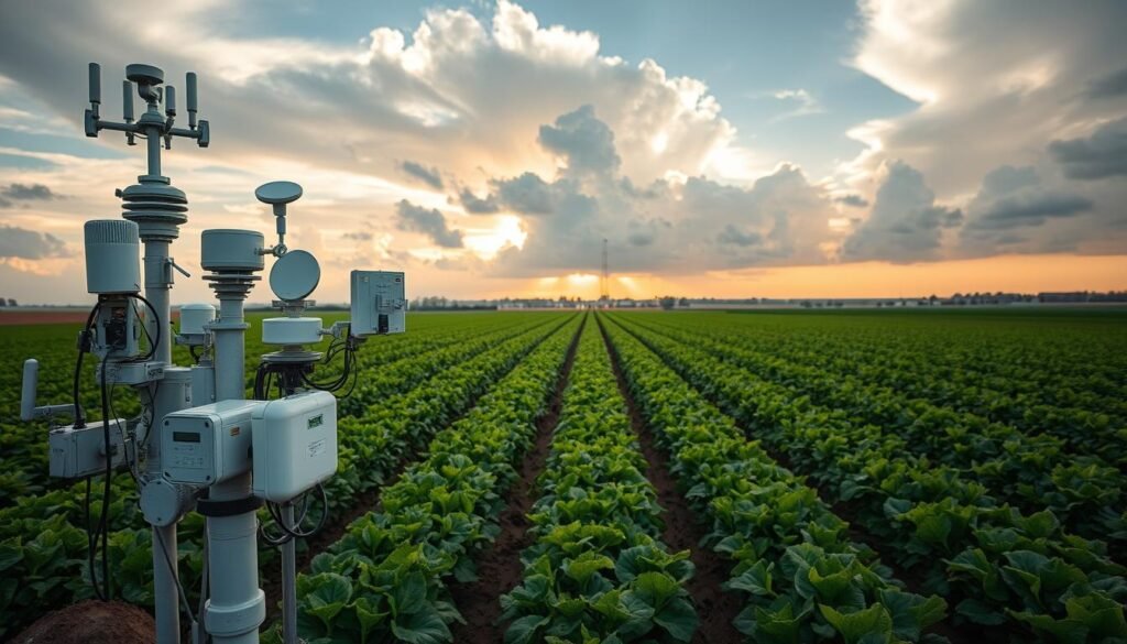 Estação meteorológica de alta tecnologia em área agrícola, com sensores captando dados climáticos em tempo real para otimizar a produção rural.