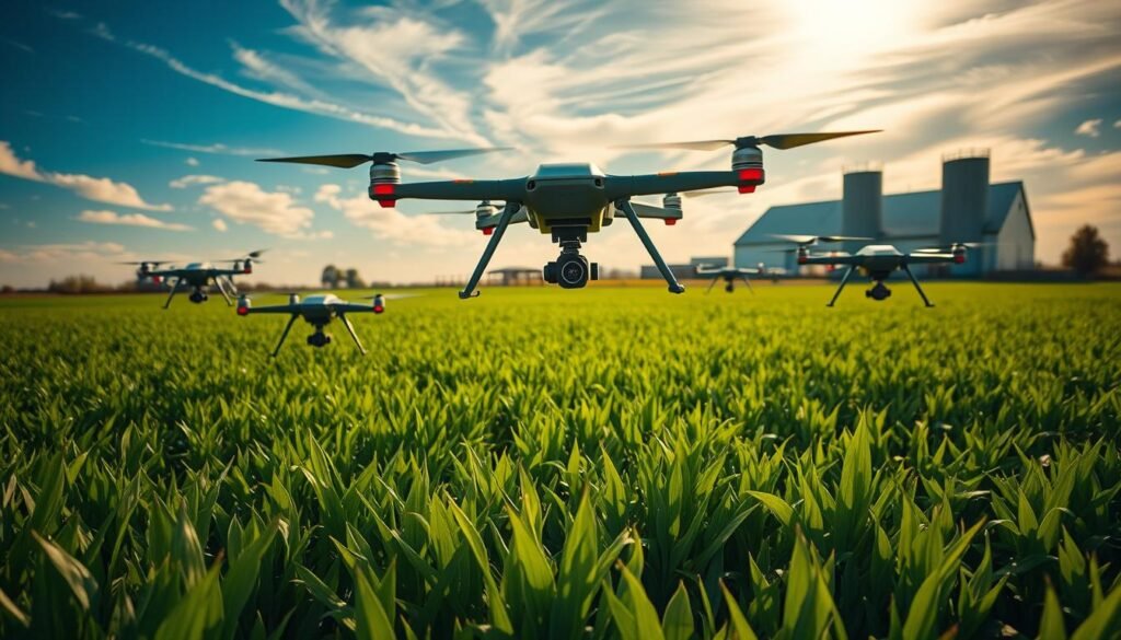 Imagem em ângulo baixo mostrando uma frota de drones agrícolas sobrevoando um campo verde, equipados com sistemas de pulverização de precisão para combater pragas, com luz dourada do sol filtrando pelas nuvens e uma fazenda moderna ao fundo, destacando o avanço tecnológico no campo.