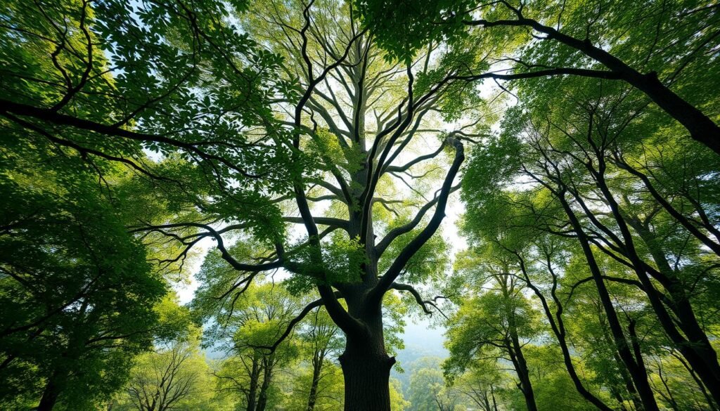 A lush forest canopy, illuminated by soft, diffused sunlight filtering through the leaves. In the foreground, a network of sensors and cameras discreetly monitor the environment, collecting data on temperature, humidity, and wildlife movement. In the middle ground, a towering tree stands as a testament to the forest's health, its branches laden with vibrant foliage. Behind it, a bird's-eye view of the expansive landscape, where an artificial intelligence system analyzes the sensor data, detecting early signs of deforestation or environmental threats. The overall scene conveys the seamless integration of technology and nature, showcasing the benefits of AI-powered forest monitoring for conservation and sustainable management. Sensores e IA monitorando temperatura, umidade e fauna em floresta para detecção precoce de ameaças ambientais.