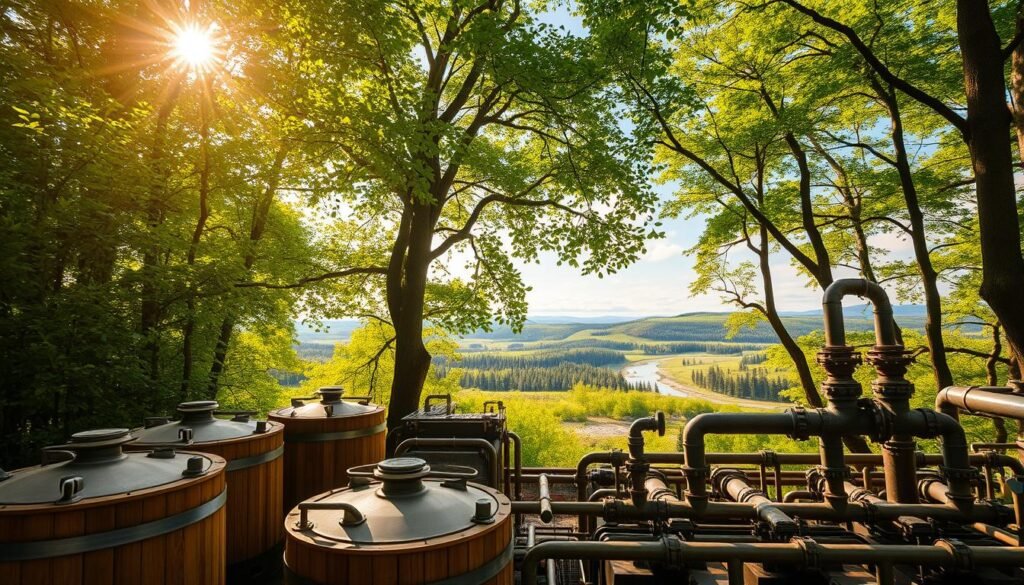 A lush forest canopy, the sunlight filtering through the verdant leaves, casting a warm, golden glow. In the foreground, a collection of wooden tanks and pipes, representing the heart of a forest biorefinery. Intricate machinery, pipes, and valves intertwine, harnessing the natural resources of the forest to produce biofuels, chemicals, and other valuable products. The background features a picturesque landscape, with rolling hills, a meandering river, and the silhouettes of distant trees against a vibrant sky. The scene conveys a sense of harmony between nature and technology, showcasing the potential of forest-based biorefineries to transform waste into sustainable energy and high-value commodities. Biorrefinaria florestal com tanques e máquinas transformando resíduos florestais em biocombustíveis, químicos e produtos sustentáveis.