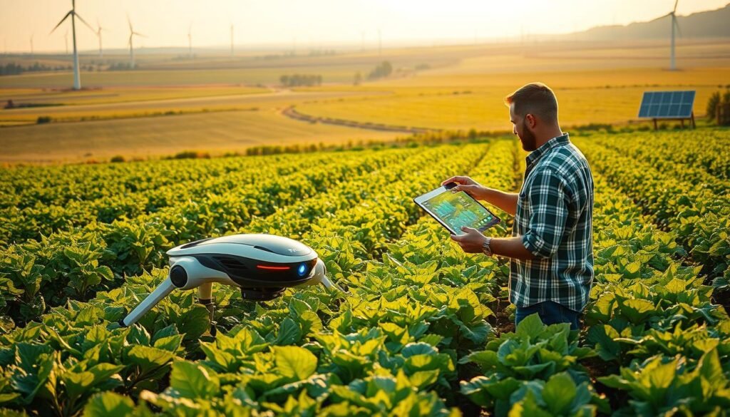 A lush, verdant agricultural landscape in the year 2030, showcasing the seamless integration of artificial intelligence with sustainable farming practices. In the foreground, an autonomous robotic system meticulously scans the crops, using advanced sensors and machine learning algorithms to detect and respond to potential pest infestations. In the middle ground, a farmer reviews data visualizations on a sleek, holographic display, making informed decisions to optimize yields and resource allocation. The background reveals sprawling fields of thriving crops, punctuated by towering wind turbines and solar panels, powering the smart farming technology. The scene is bathed in a warm, golden light, conveying a sense of harmony between technology and nature, as the future of precision agriculture unfolds.