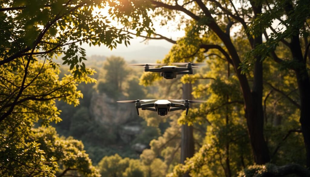 A lush, verdant forest canopy, bathed in warm, diffused sunlight filtering through the leaves. In the foreground, a state-of-the-art quadcopter drone equipped with high-resolution cameras and sensors, hovering just above the treetops, its sleek, angular silhouette casting a soft shadow on the forest floor below. In the middle distance, a series of towering, ancient trees, their thick trunks and sprawling branches hinting at centuries of growth and resilience. In the background, a gently rolling landscape, punctuated by the occasional rocky outcrop or hidden stream, stretching out towards the horizon. The overall scene conveys a sense of balance and harmony between nature and technology, as the drone collects vital data to support the sustainable management and conservation of this precious forest ecosystem. Drone sobrevoando floresta densa para captura de imagens e dados ambientais, apoiando a conservação e o monitoramento florestal.