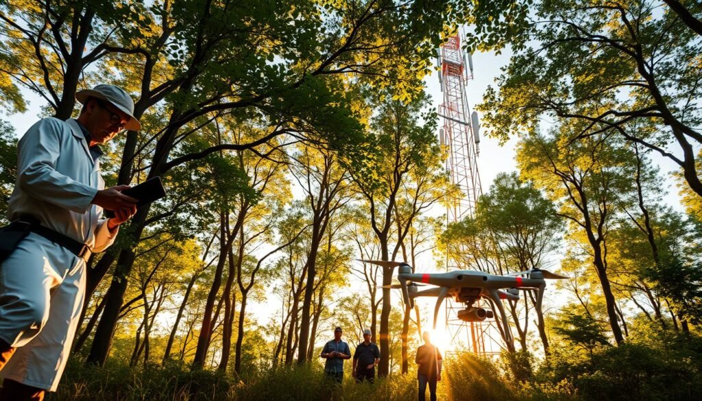 A lush, verdant forest canopy, bathed in warm, golden sunlight filtering through the leaves. In the foreground, a scientist in a white lab coat and hiking boots examines a tablet, surrounded by an array of high-tech sensors and monitoring equipment. In the middle ground, a team of forestry workers operate advanced data-gathering drones, their propellers casting dynamic shadows on the forest floor. In the background, a towering communications tower stands sentinel, its array of antennas and satellite dishes enabling real-time analysis and decision-making for sustainable forest management. A sense of harmony and collaboration between technology and nature pervades the scene, illustrating the power of remote sensing and AI to revolutionize the way we care for our precious forests.
