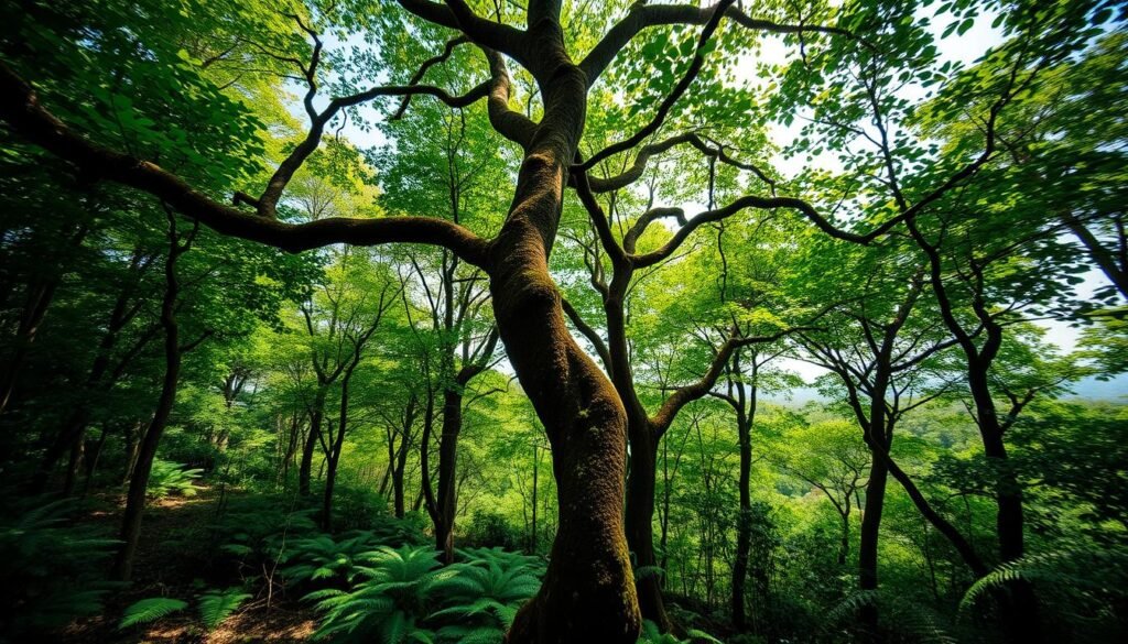 A lush, verdant forest canopy fills the frame, sunlight filtering through the vibrant green leaves. In the foreground, a twisted, gnarled tree trunk stands tall, its rough bark and intricate branching casting dramatic shadows. Beneath it, a carpet of ferns and moss covers the forest floor, hinting at the rich biodiversity thriving in this natural sanctuary. In the distance, a hazy horizon suggests the expansive scale of this forested landscape. The overall scene conveys a sense of harmony, where the delicate balance of this ecosystem is embodied in the intricate details of the "créditos florestais" - the carbon credits generated by the sustainable management of this precious natural resource. Floresta densa com biodiversidade destacando créditos florestais gerados por manejo sustentável