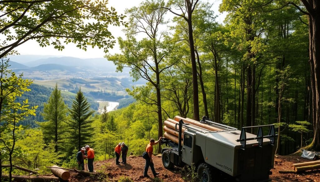 A lush, verdant forest canopy stretches across the frame, sunlight filtering through the leaves to cast a warm, natural glow. In the foreground, a group of forest workers tend to the trees, using sustainable forestry practices to selectively harvest timber while preserving the overall ecosystem. A modern, high-efficiency logging vehicle stands nearby, its sleek design and low-emission engine reflecting the latest advancements in eco-friendly forestry technology. In the distance, a panoramic view reveals the rolling hills and winding streams that define this thriving, well-managed forest landscape, a testament to the harmonious coexistence of human activity and natural preservation.