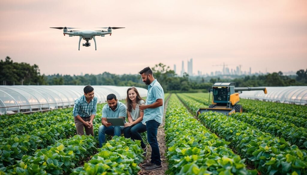 A modern digital agriculture technology scene with a lush, verdant background. In the foreground, a group of young, diverse entrepreneurs gather around a laptop, brainstorming innovative solutions. Nearby, a drone hovers, capturing aerial data, while a robotic harvester methodically gathers crops. The middle ground features rows of smart greenhouses, their interiors illuminated by the glow of IoT sensors. In the distance, a city skyline hints at the integration of urban and rural tech. The lighting is soft and warm, creating an atmosphere of possibility and progress. Captured with a wide-angle lens to convey the breadth of digital transformation in Brazilian agriculture.