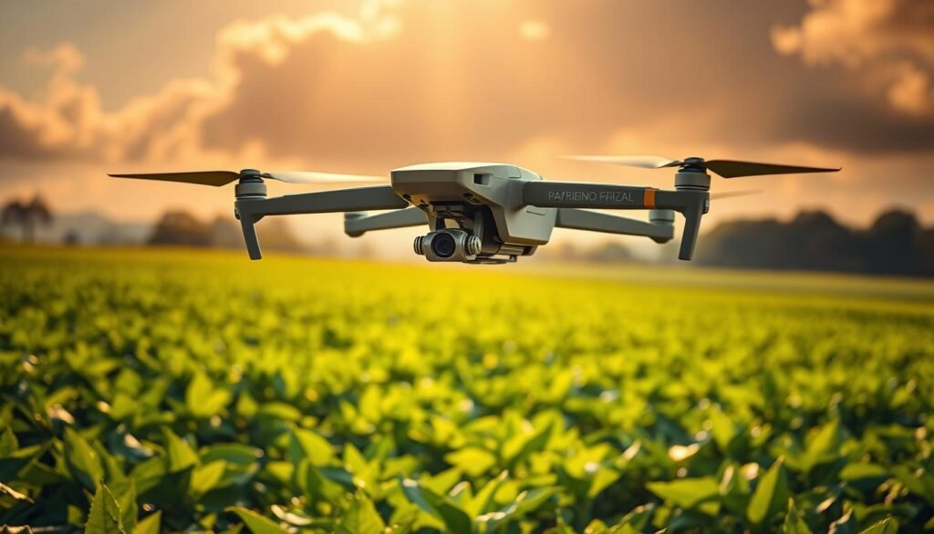 Imagem de drone agrícola de última geração, equipado com sensores e câmeras avançadas, sobrevoando uma lavoura verde no outono brasileiro; o equipamento capta imagens e dados térmicos para mapear infestações, destacando a tecnologia de ponta na agricultura de precisão.