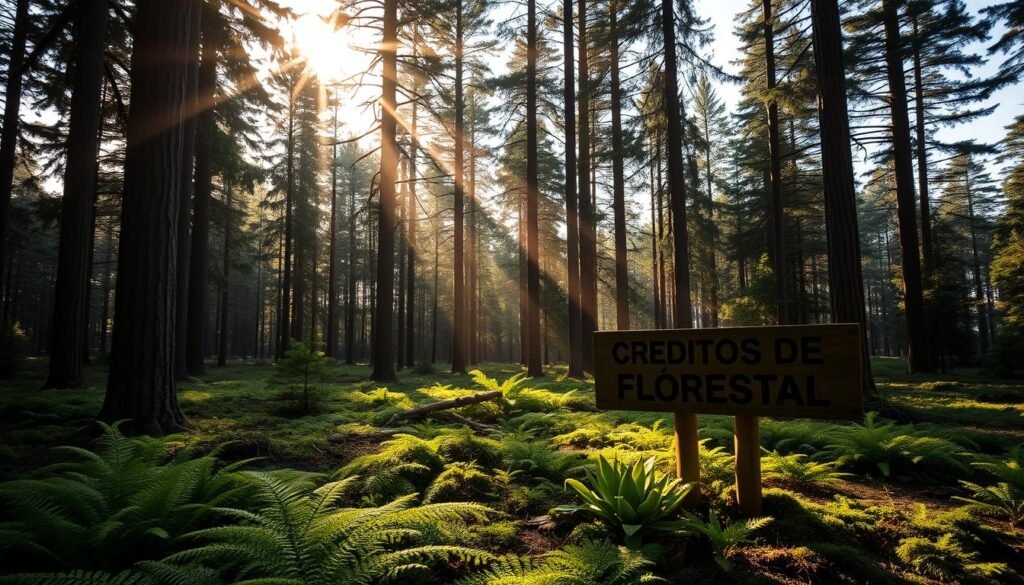 A serene forest landscape, with towering evergreen trees casting long shadows in the soft, golden light of a late afternoon. In the foreground, a lush carpet of ferns and mosses covers the forest floor, creating a verdant and tranquil scene. Sunbeams filter through the canopy, illuminating the scene with a warm glow. In the middle ground, a clearing opens up, revealing a wooden sign displaying the words "Créditos de Carbono Florestal" in weathered lettering. The background is filled with the distant silhouettes of more trees, creating a sense of depth and scale. The overall mood is one of natural harmony and the quiet beauty of a thriving forest ecosystem. Paisagem florestal com placa de créditos de carbono florestal em clareira