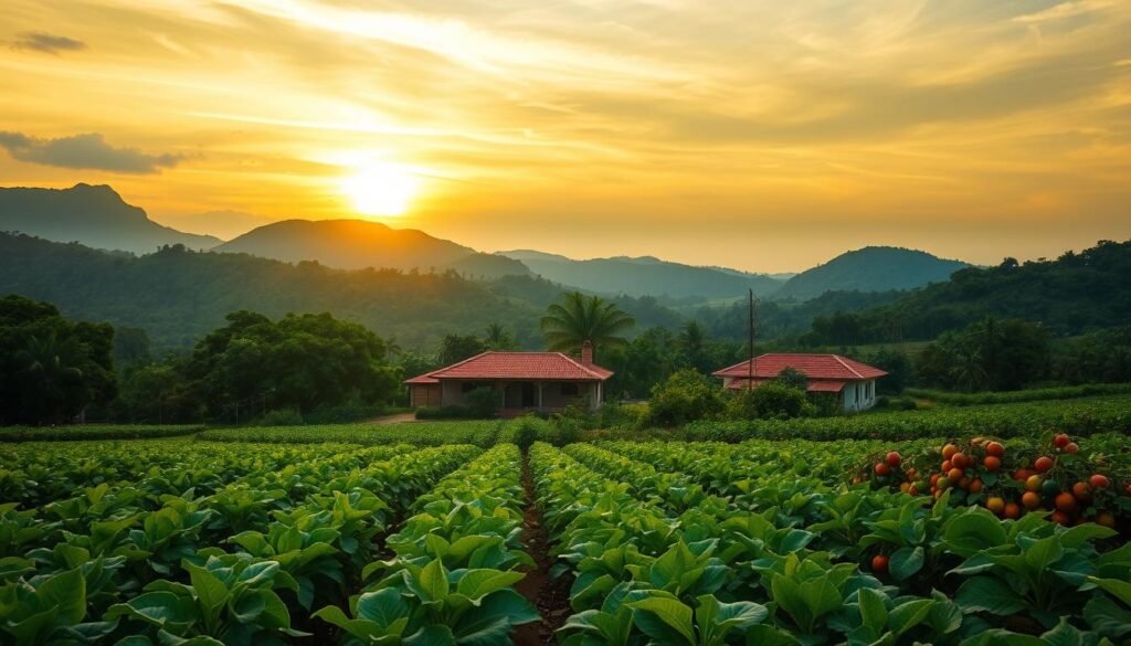 Paisagem agrícola brasileira ao pôr do sol, com lavouras de soja, abóboras e tomates, casa rural e montanhas ao fundo, simbolizando abundância e harmonia no campo.