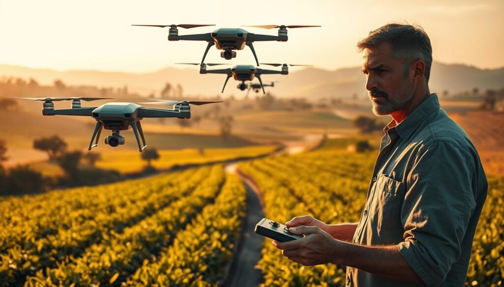 Imagem de uma fazenda brasileira iluminada pela luz dourada do outono, com drones modernos sobrevoando uma plantação para identificar infestações, enquanto um produtor monitora os dados com controle em mãos; ao fundo, colinas, estradas e vegetação destacam a integração entre tecnologia e natureza.