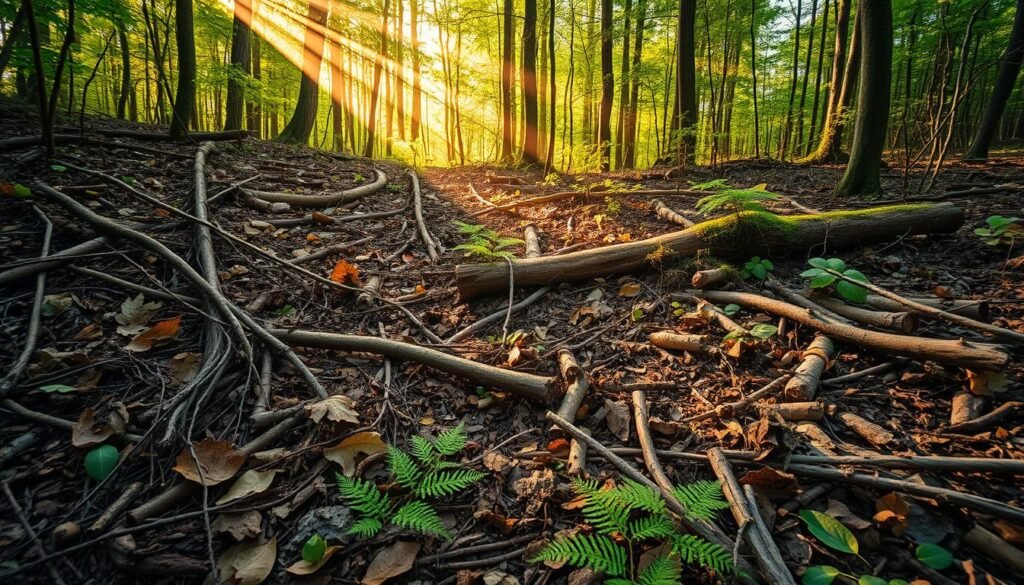 A sprawling forest floor, strewn with a tapestry of fallen branches, leaves, and organic debris. Shafts of warm, golden light filter through the verdant canopy above, casting a serene glow over the natural litter. Delicate ferns and moss-covered logs add depth and texture to the intricate, earthy scene. The image conveys the richness and potential of these forest residues, ready to be harvested and transformed into bioenergy and high-value products through the innovative process of forest biorefineries. Resíduos orgânicos no chão da floresta prontos para aproveitamento em biorrefinarias para geração de energia renovável e produtos sustentáveis.