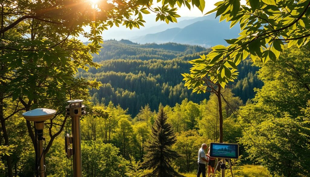 A stunning aerial view of a lush, verdant forest canopy, with sunlight filtering through the leaves, casting a warm glow over the landscape. In the foreground, a series of high-tech forest monitoring sensors are strategically placed, their sleek, modern design blending seamlessly with the natural environment. The middle ground reveals a team of forestry experts reviewing data on various digital displays, their faces illuminated by the soft, ambient lighting. In the background, a towering mountain range stands as a majestic backdrop, hinting at the expansive scale of the forest being monitored. The overall scene conveys a sense of harmony between technology and nature, highlighting the importance of data-driven forest conservation efforts. Equipe de especialistas analisando dados de sensores distribuídos em floresta monitorada para conservação e manejo sustentável.