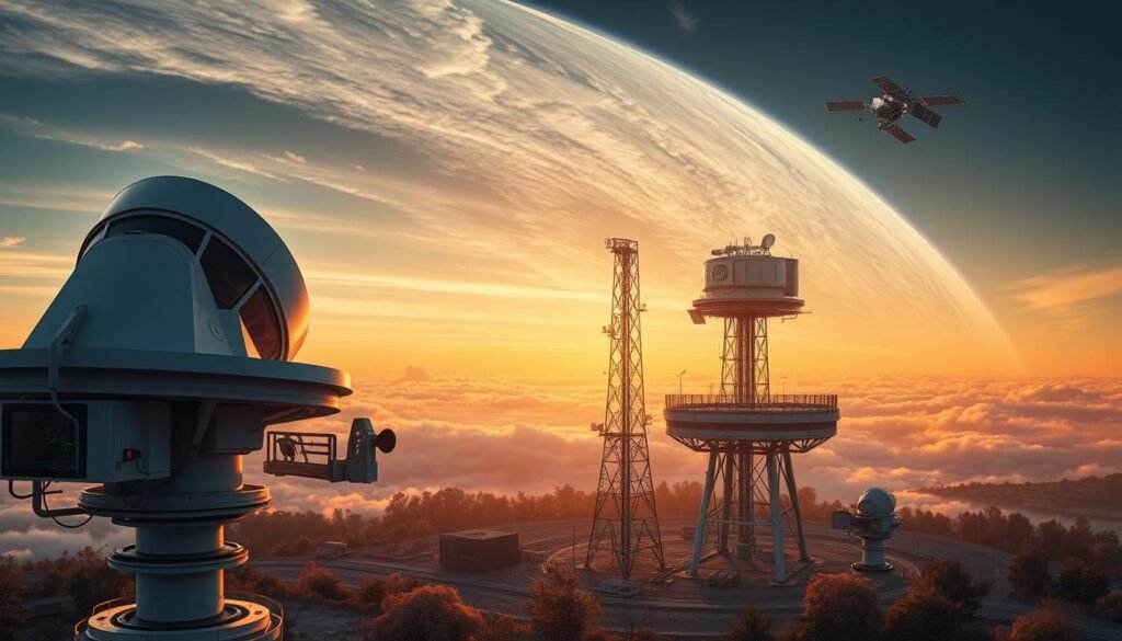 Tecnologias meteorológicas avançadas com radar, observatório e satélite monitorando padrões climáticos em tempo real para previsões precisas.