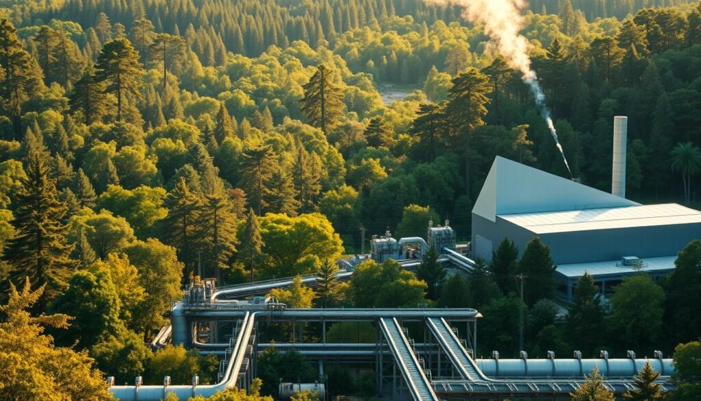 A vast forest landscape, with towering trees and lush greenery, serves as the backdrop. In the foreground, a modern bio-refinery plant stands, its sleek, angular structure a testament to the integration of technology and nature. Sunlight filters through the canopy, casting a warm, golden glow over the scene. In the middle ground, a network of pipelines and conveyor belts move biomass feedstock into the refinery, symbolizing the efficient conversion of forest residues into valuable bioenergy and bio-based products. The composition conveys a sense of harmony between economic progress and environmental preservation, capturing the essence of the "Benefícios econômicos e ambientais" section of the article. Biorrefinaria em operação no setor florestal, convertendo resíduos de biomassa em energia e bioprodutos de forma sustentável.