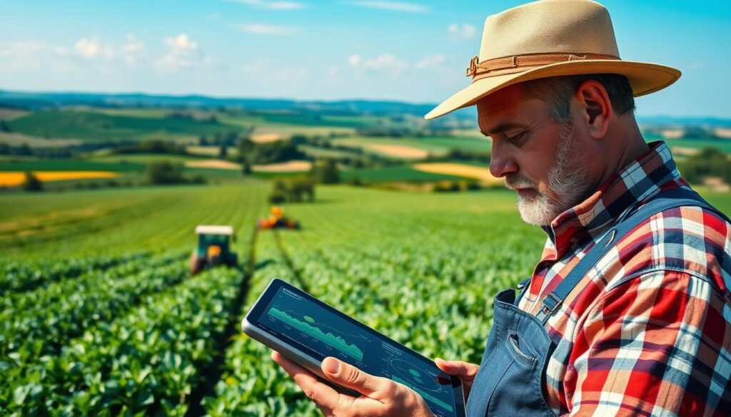 A vibrant agricultural landscape, showcasing strategic planning for the 2025/26 harvest season. In the foreground, a farmer intently studies weather data and satellite imagery on a tablet, their brow furrowed in concentration. The middle ground depicts verdant fields, with precision farming equipment meticulously tending to the crops. In the background, a panoramic view of rolling hills and a clear, azure sky, suggesting favorable climatic conditions. The scene exudes a sense of innovation, data-driven decision-making, and a harmonious integration of technology and nature, all in service of optimizing the upcoming harvest.