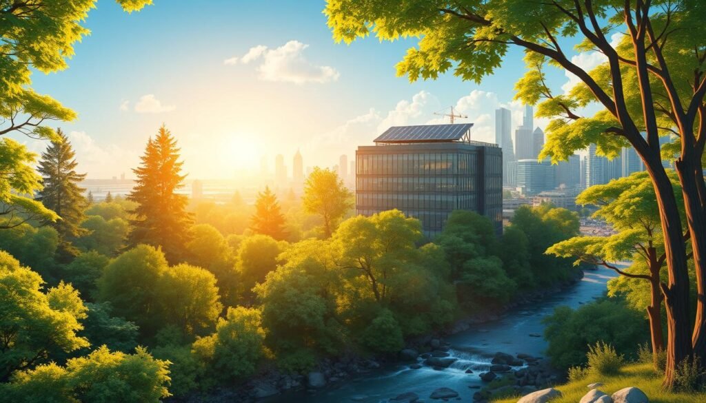 A vibrant and detailed illustration of the benefits of carbon credits for producers and businesses. In the foreground, a lush, verdant forest with towering trees and a serene stream. Sunlight filters through the canopy, casting a warm, golden glow. In the middle ground, a modern office building with solar panels on the roof, symbolizing the integration of sustainability practices. In the background, a bustling cityscape with skyscrapers and busy streets, representing the broader economic and environmental impact. The scene conveys a sense of harmony between nature, technology, and commerce, highlighting the potential for carbon credits to drive positive change. The overall mood is one of optimism, progress, and environmental responsibility. Ilustração dos benefícios dos créditos de carbono para produtores e empresas