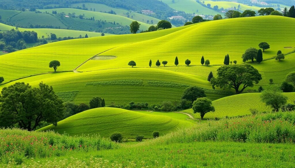 Agricultura Regenerativa5.0: A verdejante paisagem rural com campos ondulantes, cobertos por uma tapeçaria diversificada de culturas sustentáveis. No primeiro plano, uma combinação de plantações de alimentos orgânicos, dispersas entre árvores frutíferas e canteiros de flores vibrantes. Ao fundo, colinas suaves abrigam sistemas agroflorestais integrados, onde árvores de grande porte fornecem sombra e nutrientes naturais. Uma luz suave e dourada ilumina a cena, criando uma atmosfera serena e abundante. Técnicas de simbiose, biodinâmica e permacultura se fundem harmoniosamente, refletindo uma abordagem holística para a produção de alimentos saudáveis. Agricultura Regenerativa5.0: A verdejante paisagem rural com campos ondulantes, cobertos por uma tapeçaria diversificada de culturas sustentáveis. No primeiro plano, uma combinação de plantações de alimentos orgânicos, dispersas entre árvores frutíferas e canteiros de flores vibrantes. Ao fundo, colinas suaves abrigam sistemas agroflorestais integrados, onde árvores de grande porte fornecem sombra e nutrientes naturais. Uma luz suave e dourada ilumina a cena, criando uma atmosfera serena e abundante. Técnicas de simbiose, biodinâmica e permacultura se fundem harmoniosamente, refletindo uma abordagem holística para a produção de alimentos saudáveis.