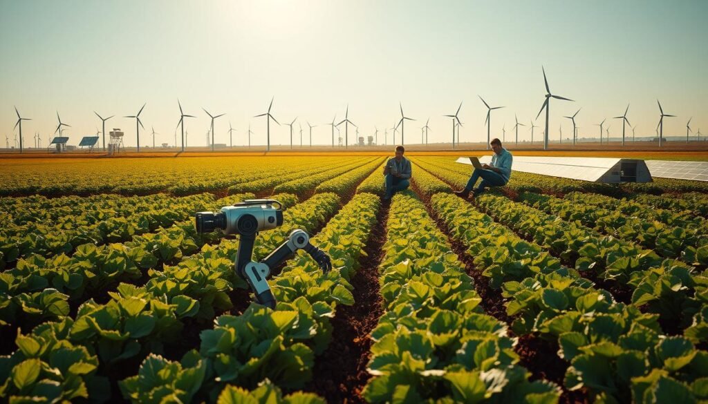 An aerial view of a lush, verdant agricultural field, with rows of crops thriving under the warm, golden sunlight. In the foreground, an advanced agricultural robot navigates through the plants, its precision sensors and robotic arms delicately tending to the crops. In the middle ground, a team of researchers pore over data on their laptops, their faces illuminated by the glow of holographic displays, as they optimize irrigation, fertilization, and pest management strategies using cutting-edge artificial intelligence algorithms. In the background, towering wind turbines and solar panels dot the horizon, providing clean, renewable energy to power the entire sustainable farming operation. The scene conveys a sense of harmony between technology and nature, where AI-driven precision agriculture unlocks new levels of productivity and environmental stewardship.