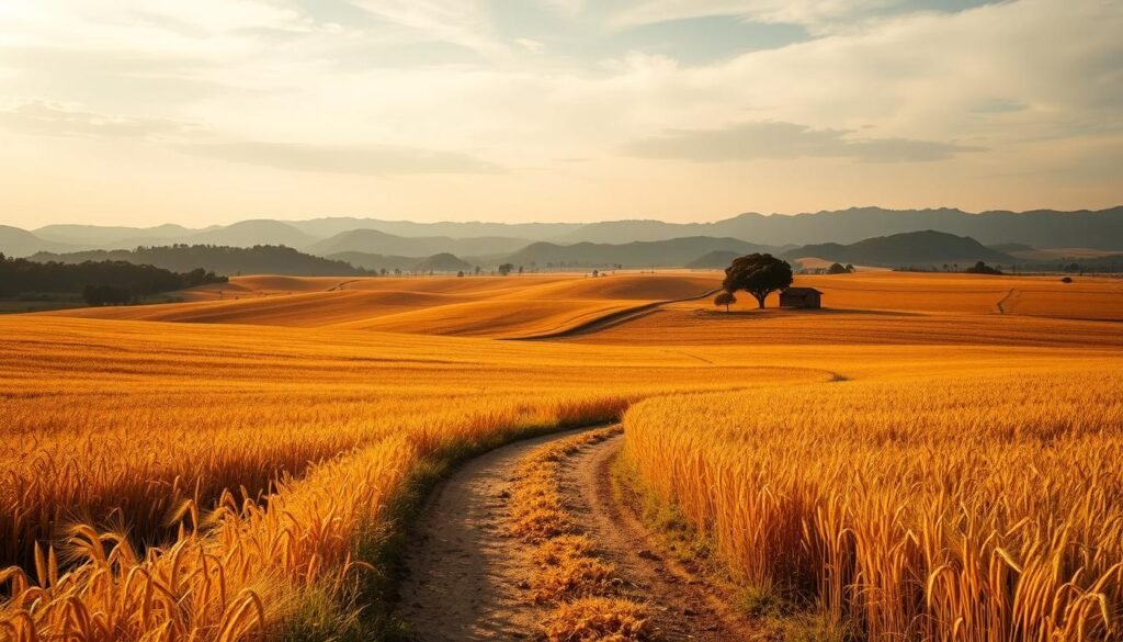Imagem mostrando uma paisagem rural brasileira no outono, com campos de trigo dourado sob um céu calmo, colinas ondulantes ao fundo e uma estrada de terra serpenteando entre árvores e pequenas fazendas, transmitindo tranquilidade e mudança de estação.