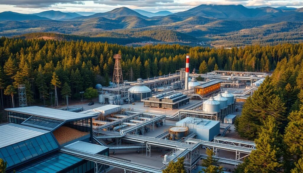 Vista aérea de biorrefinaria florestal transformando resíduos em energia e produtos sustentáveis