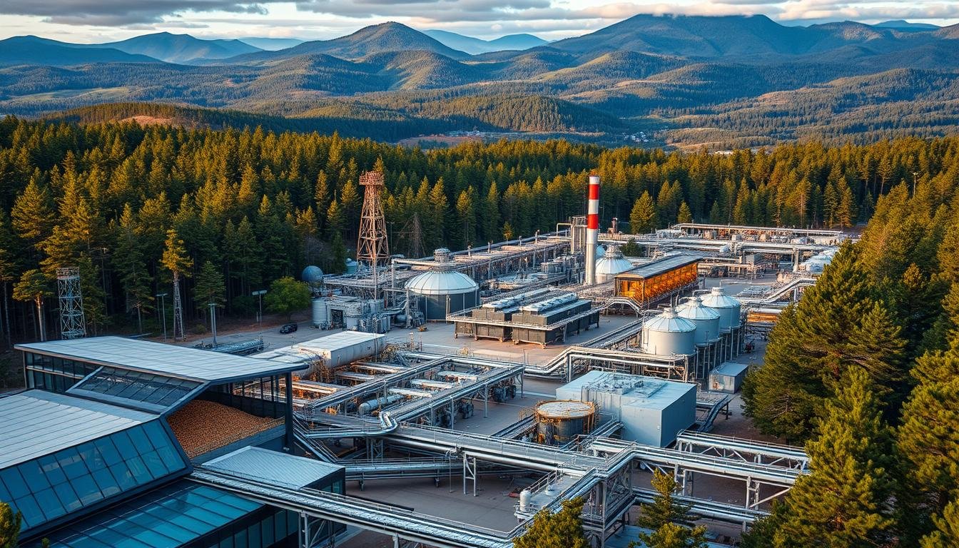 Vista aérea de biorrefinaria florestal transformando resíduos em energia e produtos sustentáveis