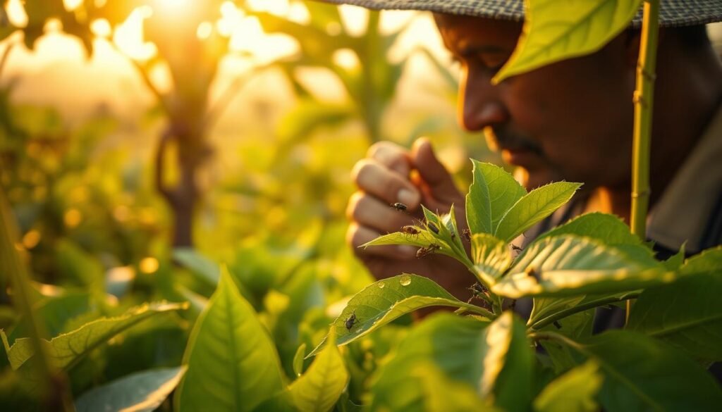 Detailed tropical foliage filling the foreground, with a farmer examining a plant closely under the warm, golden sunlight filtering through the lush canopy above. In the middle ground, various insects and small pests can be seen crawling on the leaves and stems, highlighting the challenges of pest monitoring in this dense, diverse agricultural setting. The background depicts a hazy, expansive Brazilian farmland, emphasizing the scale and complexity of the pest management challenge faced by the farmer. Captured with a shallow depth of field, creating a sense of focus on the central action while subtly suggesting the broader context.