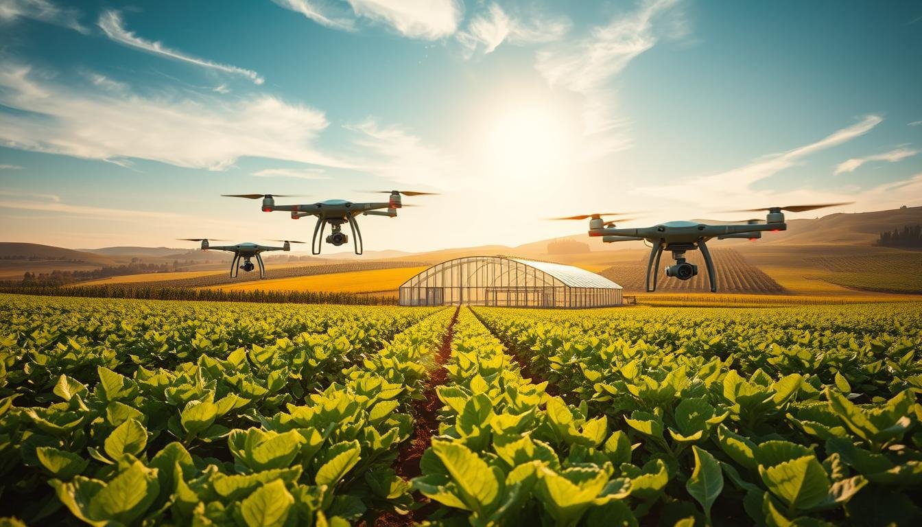 Drone agrícola sobrevoando lavoura verde, monitorando pragas com inteligência artificial em 2025