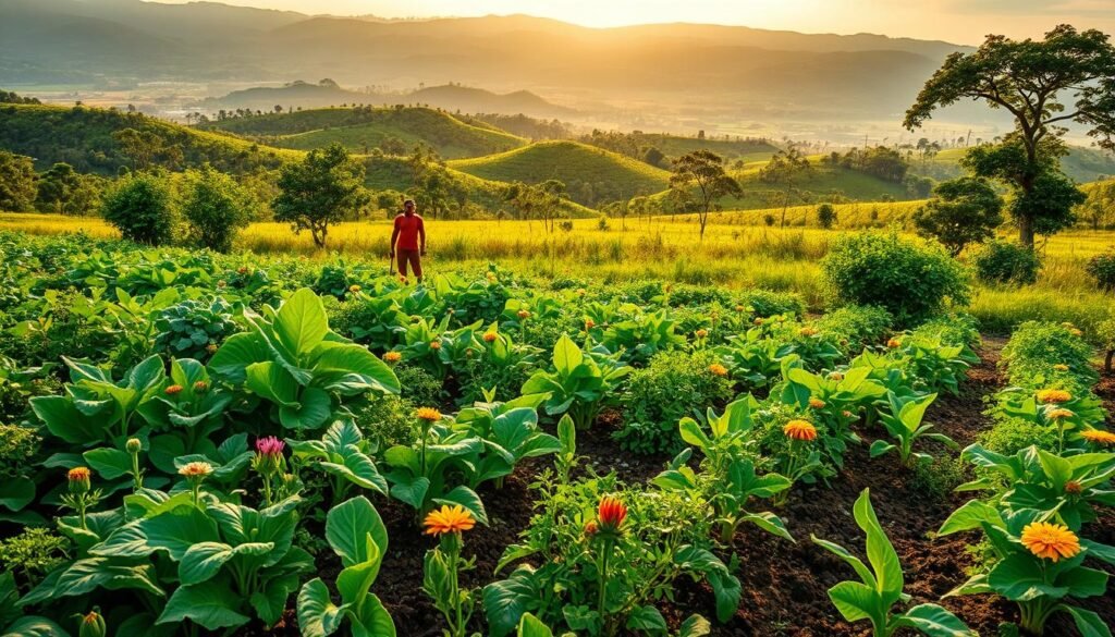 Lush, verdant landscape showcasing the principles of regenerative agriculture in Brazil. In the foreground, a diverse polyculture of crops thrives, with leafy greens, vibrant flowers, and healthy soil teeming with life. The midground features farmers tending to their plots, their faces lit by warm, golden sunlight. In the distance, rolling hills dotted with sustainable agroforestry systems create a serene, natural backdrop. The scene exudes a sense of harmony and resilience, highlighting the innovative practices that are transforming Brazilian agriculture into a model of environmental stewardship and productivity. Lush, verdant landscape showcasing the principles of regenerative agriculture in Brazil. In the foreground, a diverse polyculture of crops thrives, with leafy greens, vibrant flowers, and healthy soil teeming with life. The midground features farmers tending to their plots, their faces lit by warm, golden sunlight. In the distance, rolling hills dotted with sustainable agroforestry systems create a serene, natural backdrop. The scene exudes a sense of harmony and resilience, highlighting the innovative practices that are transforming Brazilian agriculture into a model of environmental stewardship and productivity.