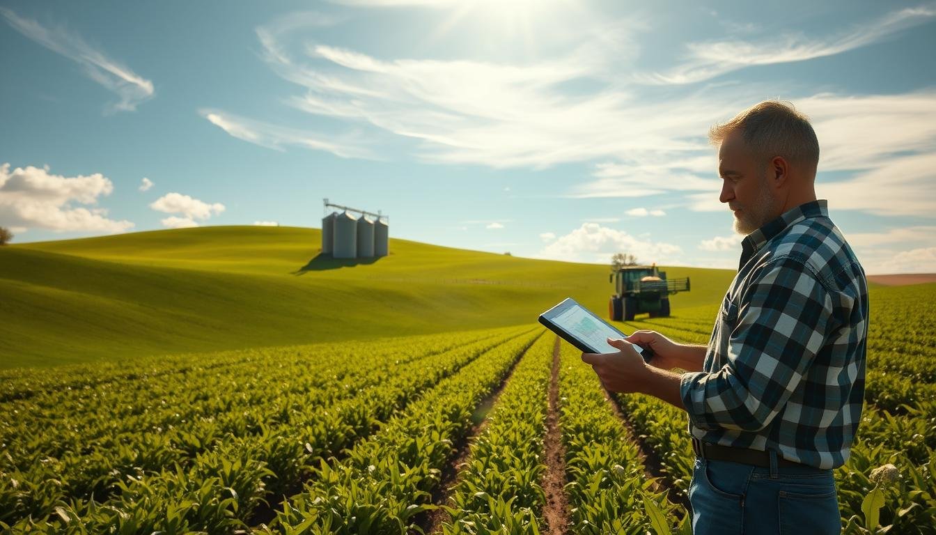 Produtor rural brasileiro analisa mapa climático digital no campo para o planejamento da safra 2025/26.