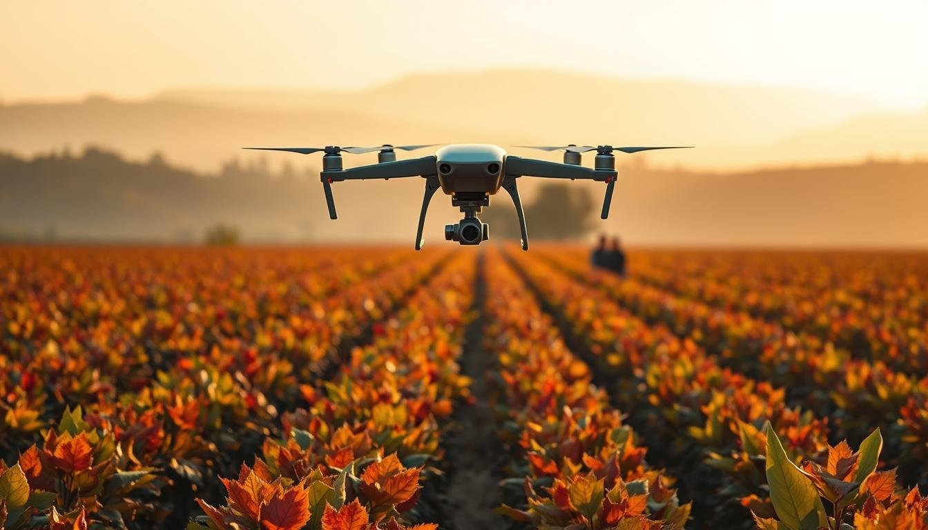 Drone agrícola aplicando defensivo no controle de pragas na lavoura